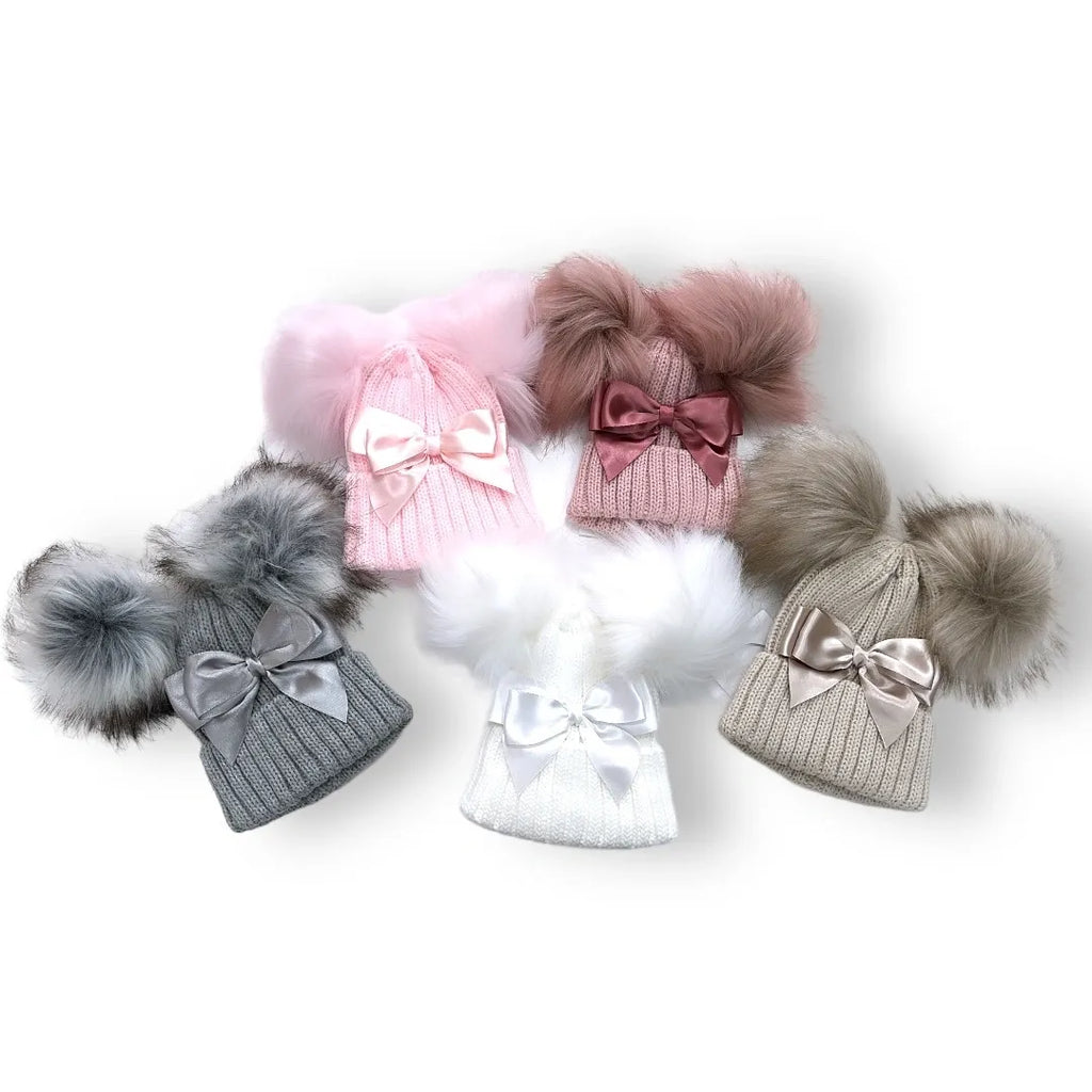 Satin Bow Double Pom Hat