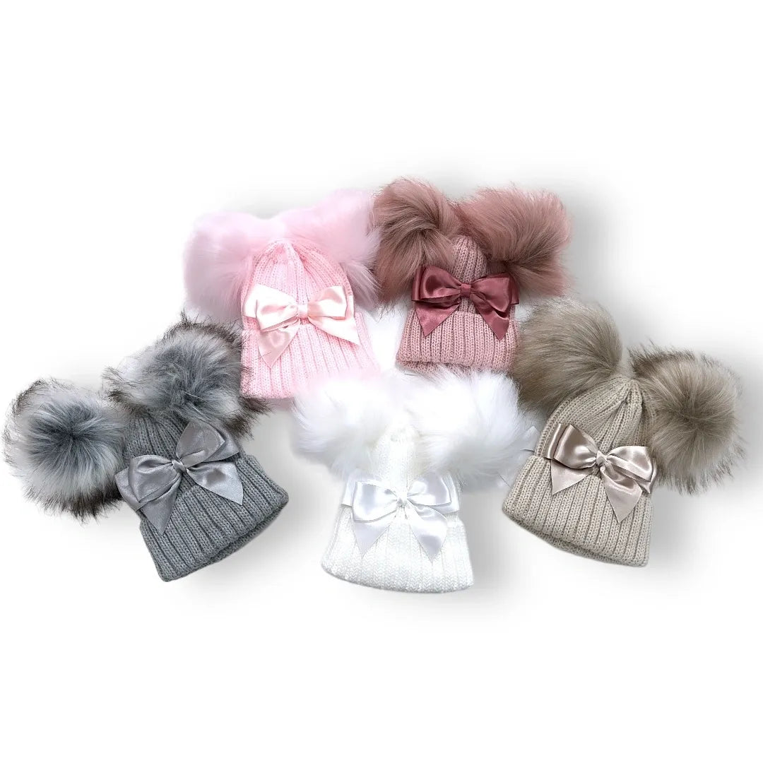 Satin Bow Double Pom Hat