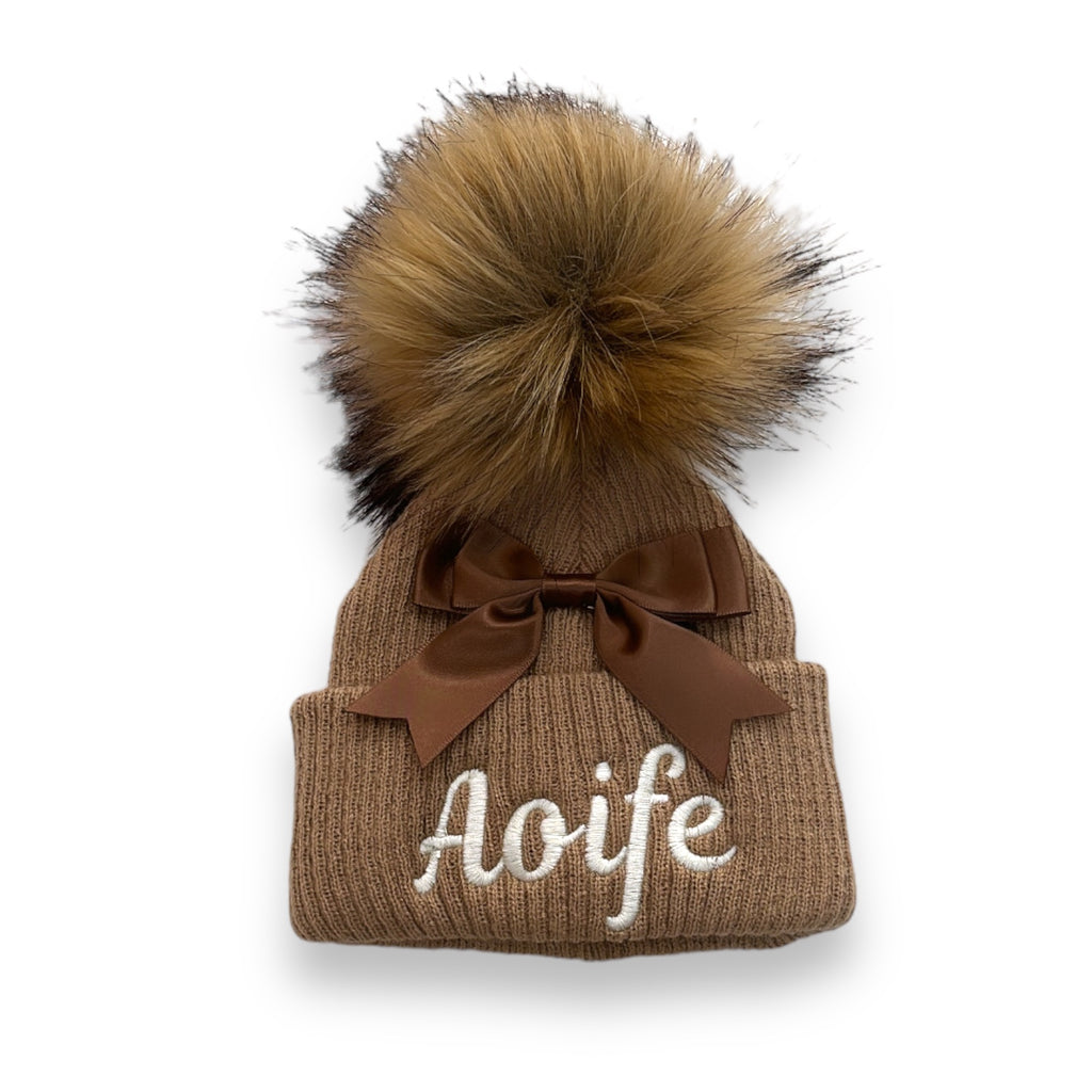 Ribbed Pom Hat with Satin Bow