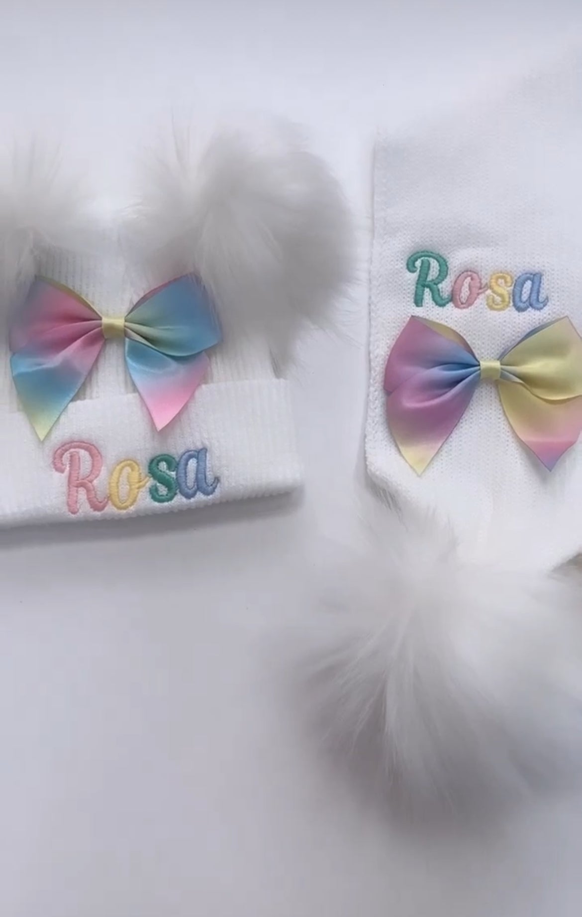 Pastel Rainbow Bow Double Pom Hat