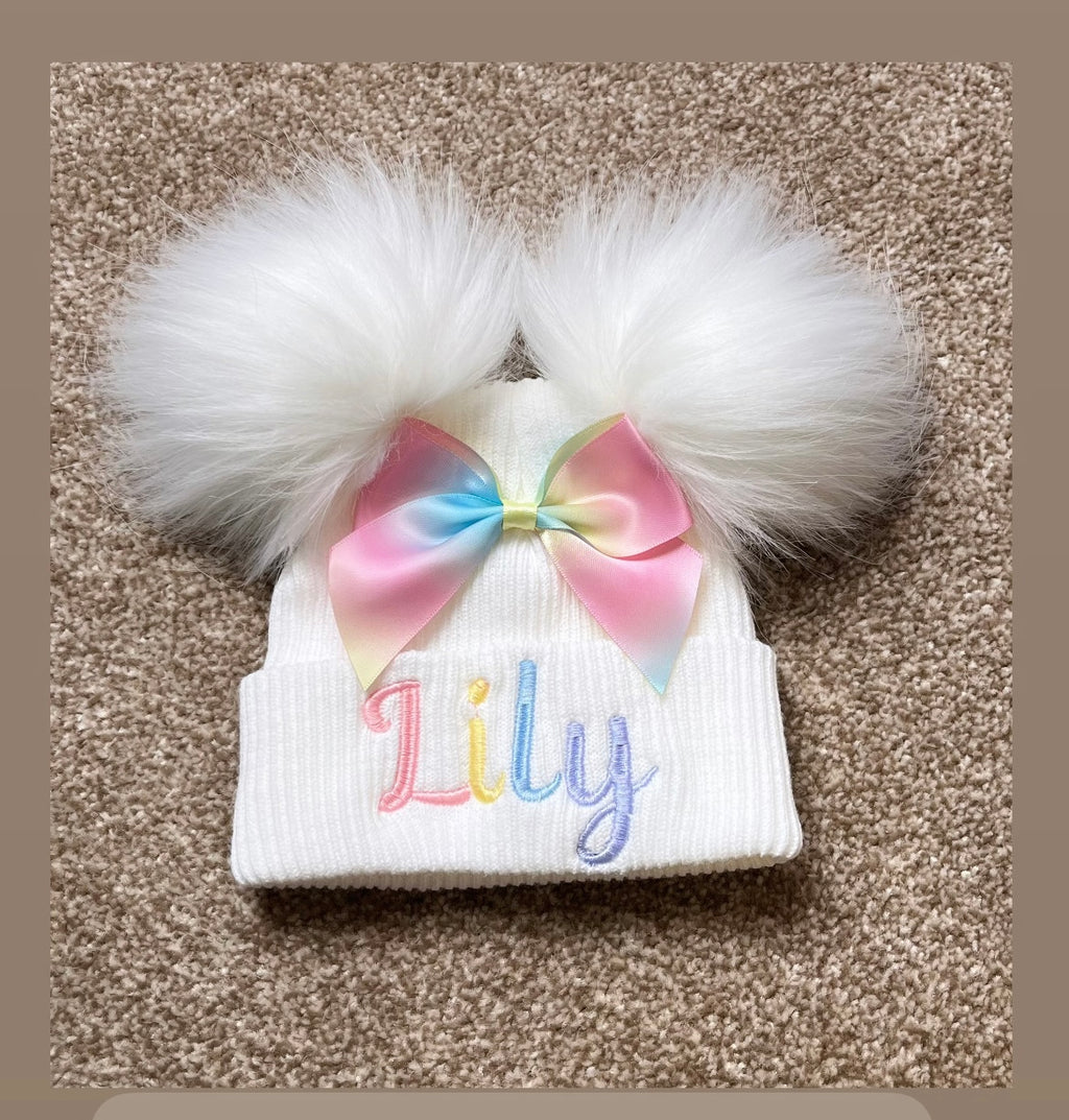 Pastel Rainbow Bow Double Pom Hat