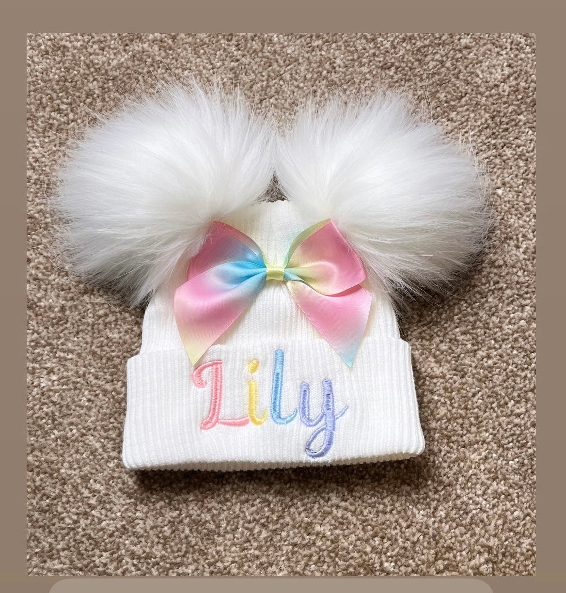 Pastel Rainbow Bow Double Pom Hat