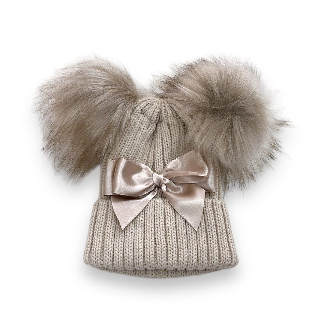 Satin Bow Double Pom Hat
