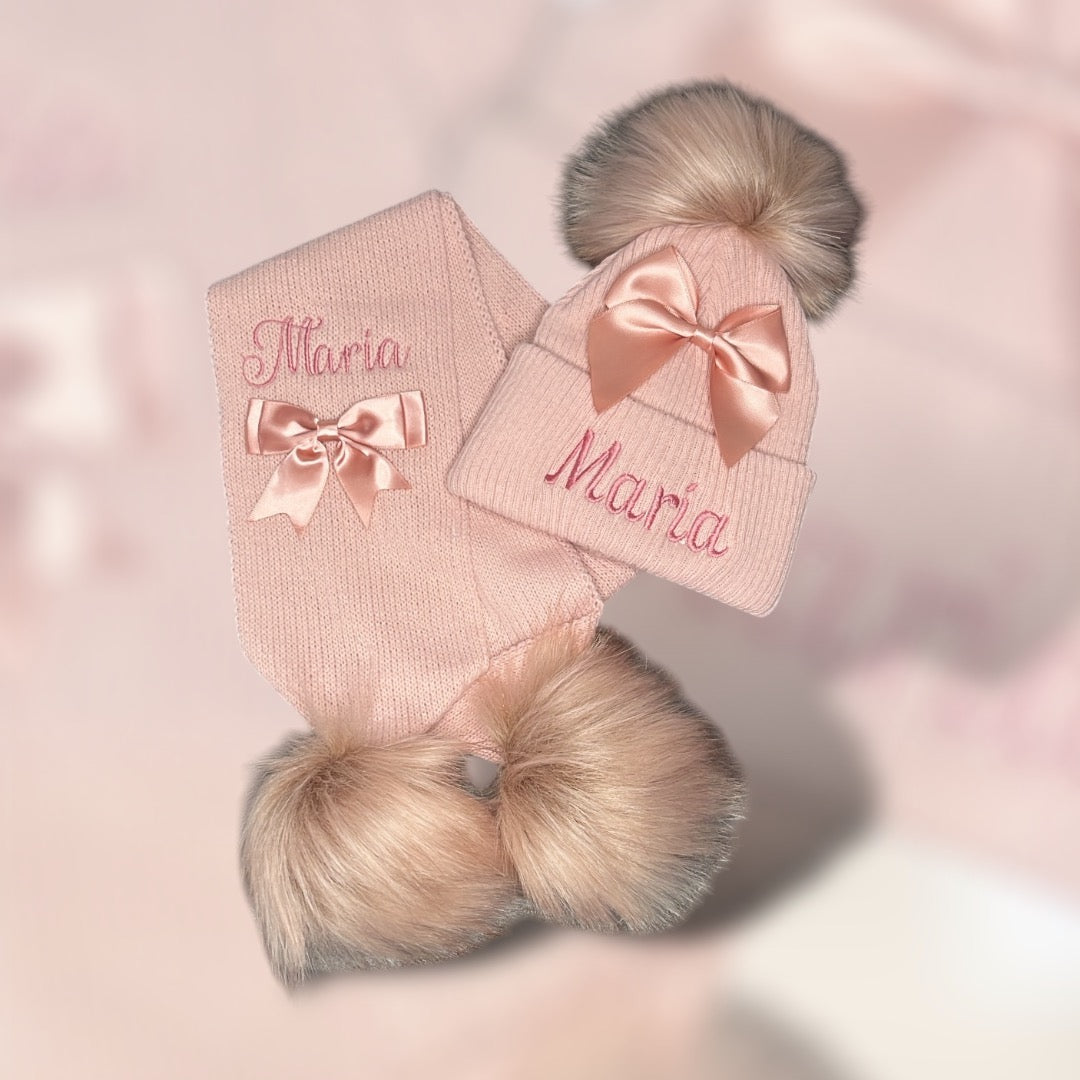 Ribbed Pom Hat with Satin Bow