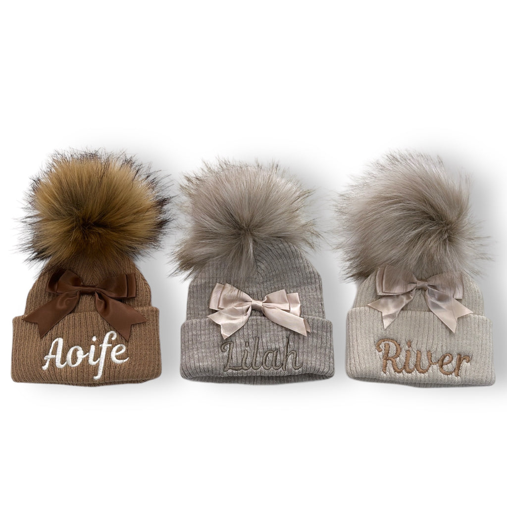 Ribbed Pom Hat with Satin Bow