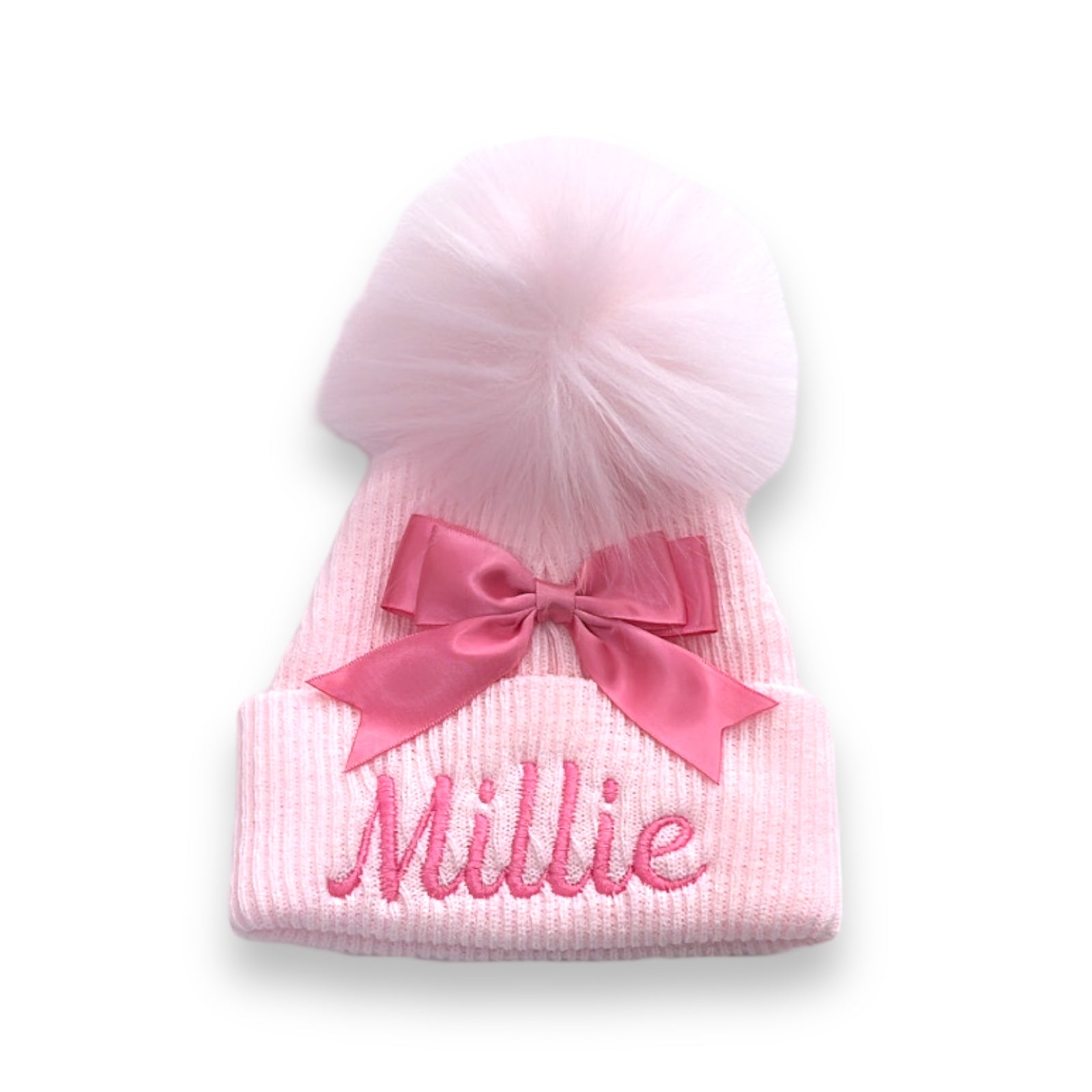 Ribbed Pom Hat with Satin Bow