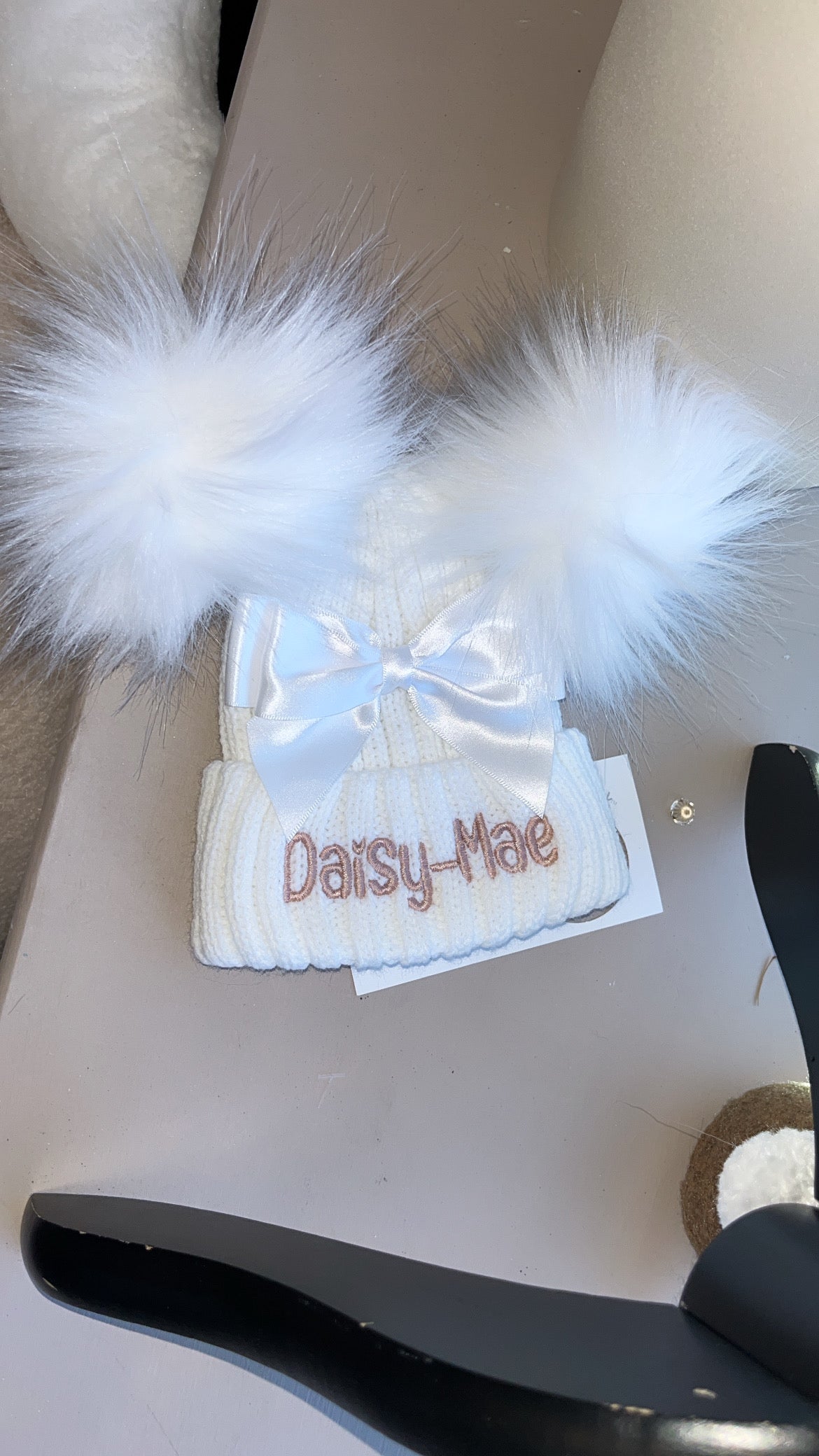 Satin Bow Double Pom Hat