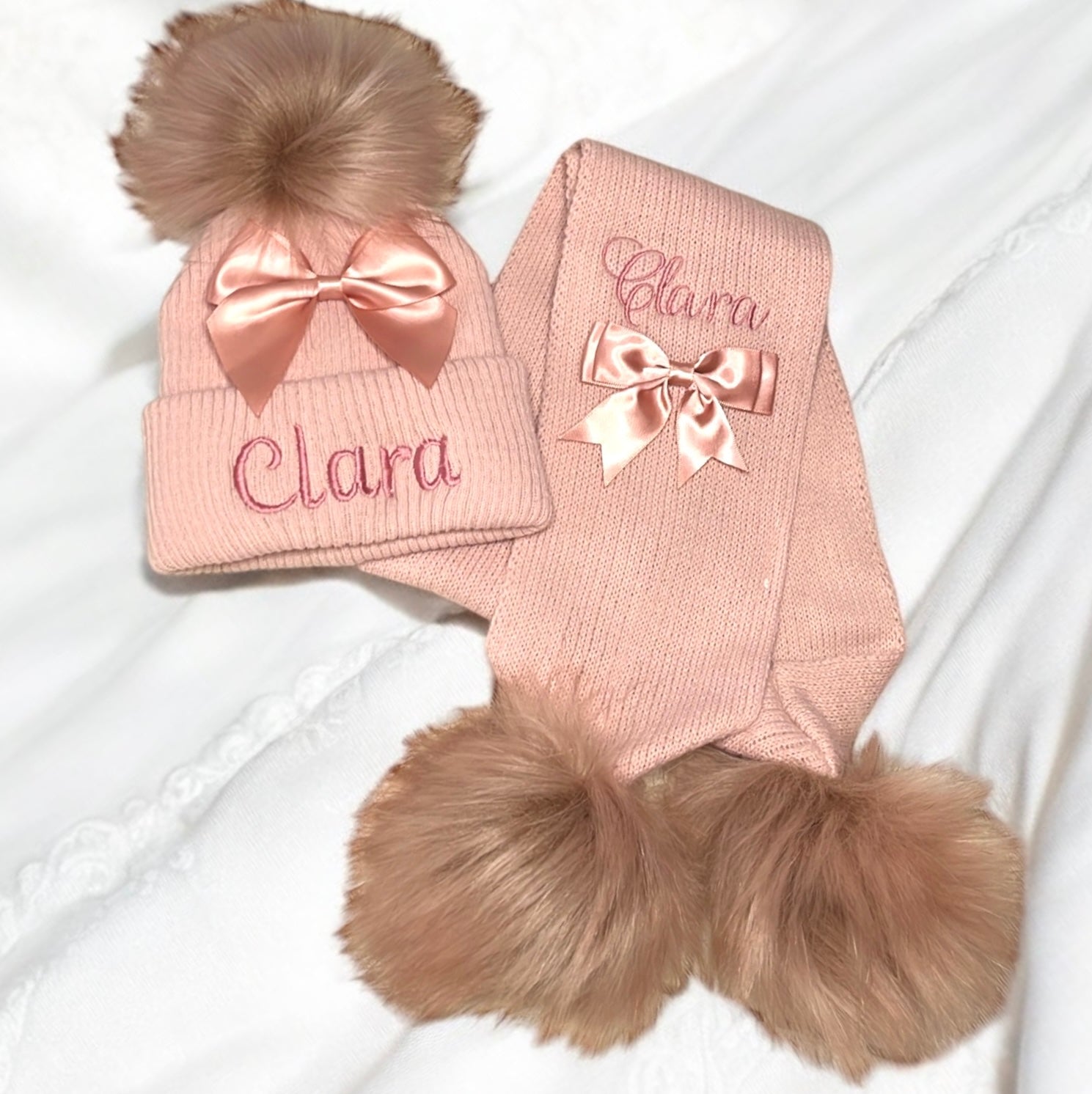 Ribbed Pom Hat with Satin Bow