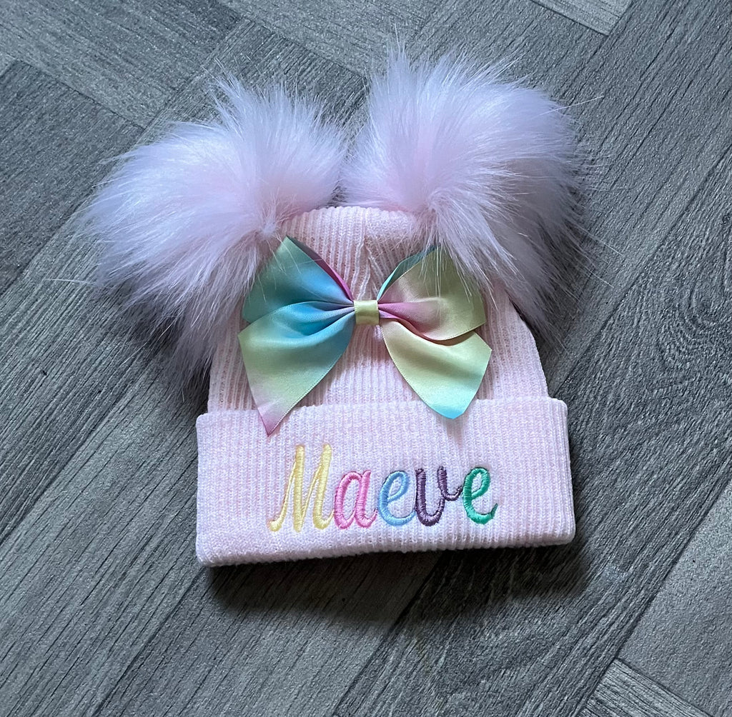 Pastel Rainbow Bow Double Pom Hat