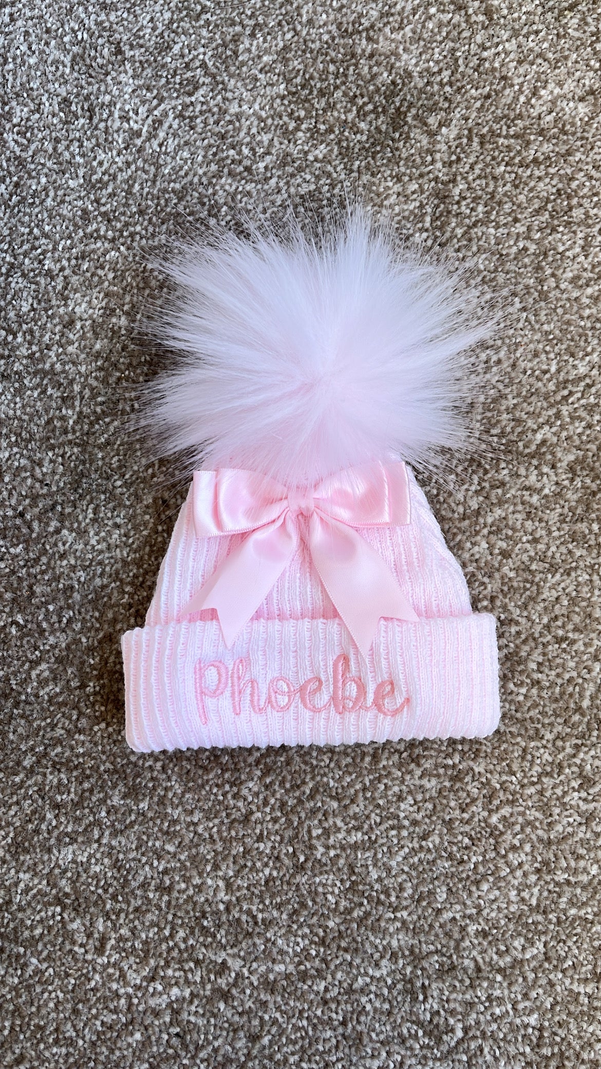 Ribbed Pom Hat with Satin Bow