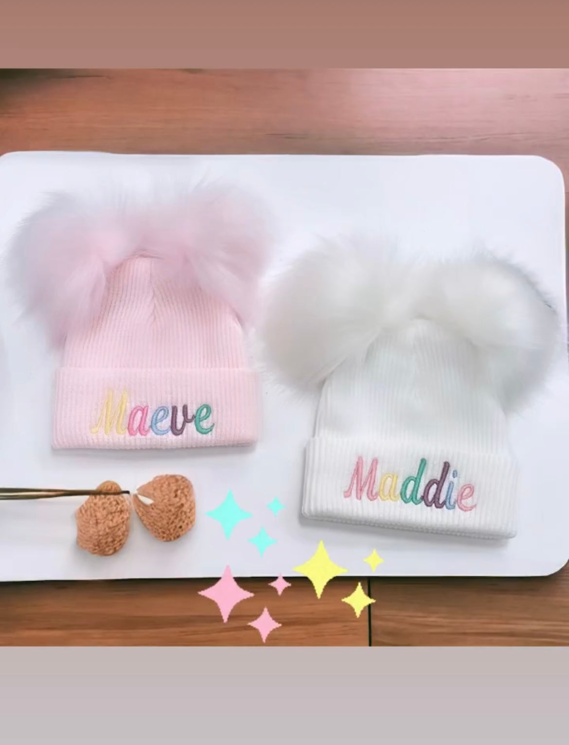 Pastel Rainbow Bow Double Pom Hat
