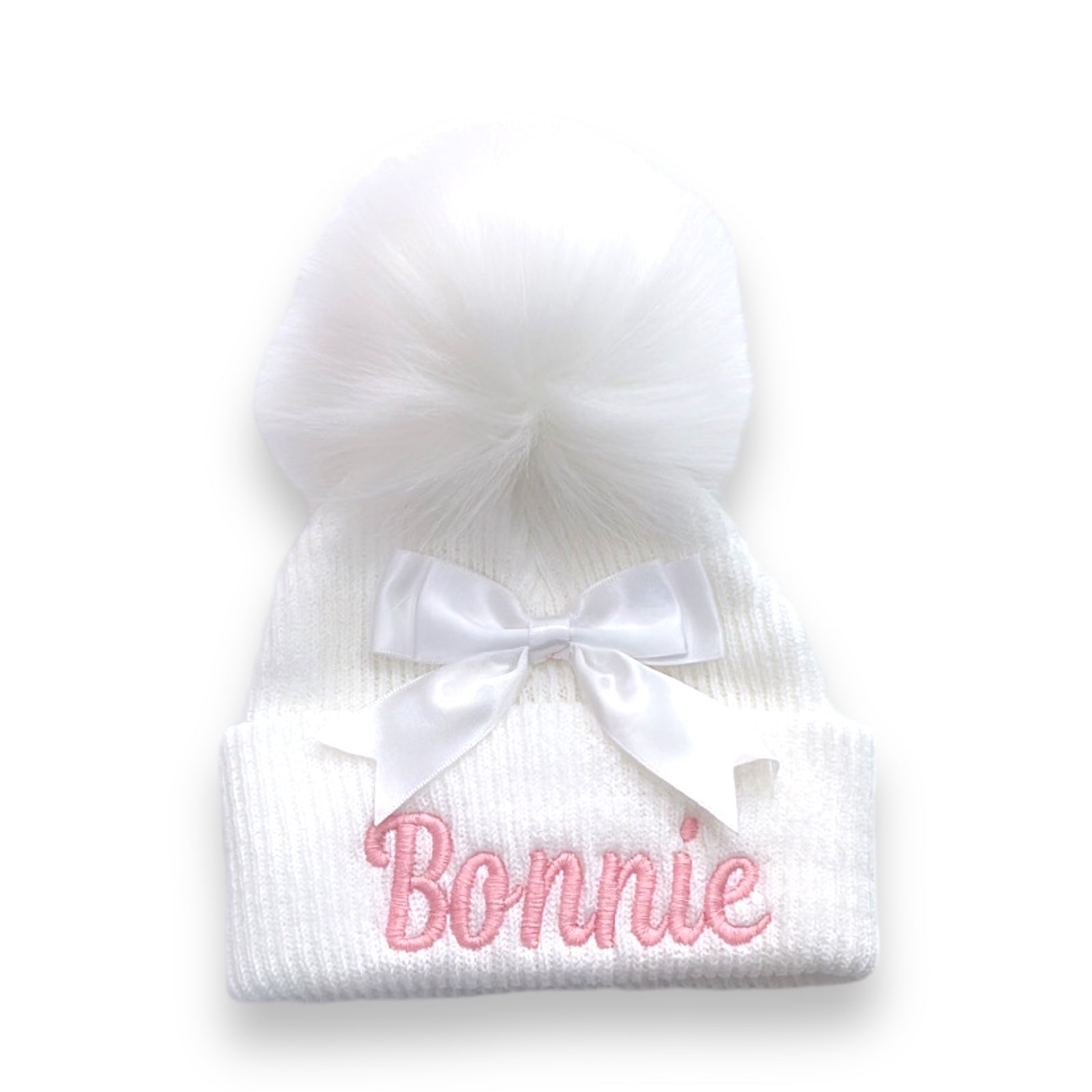 Ribbed Pom Hat with Satin Bow