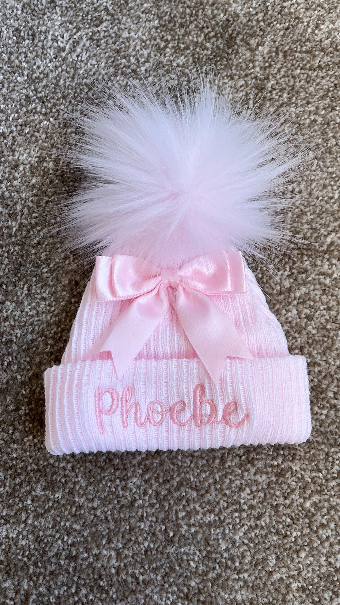 Ribbed Pom Hat with Satin Bow