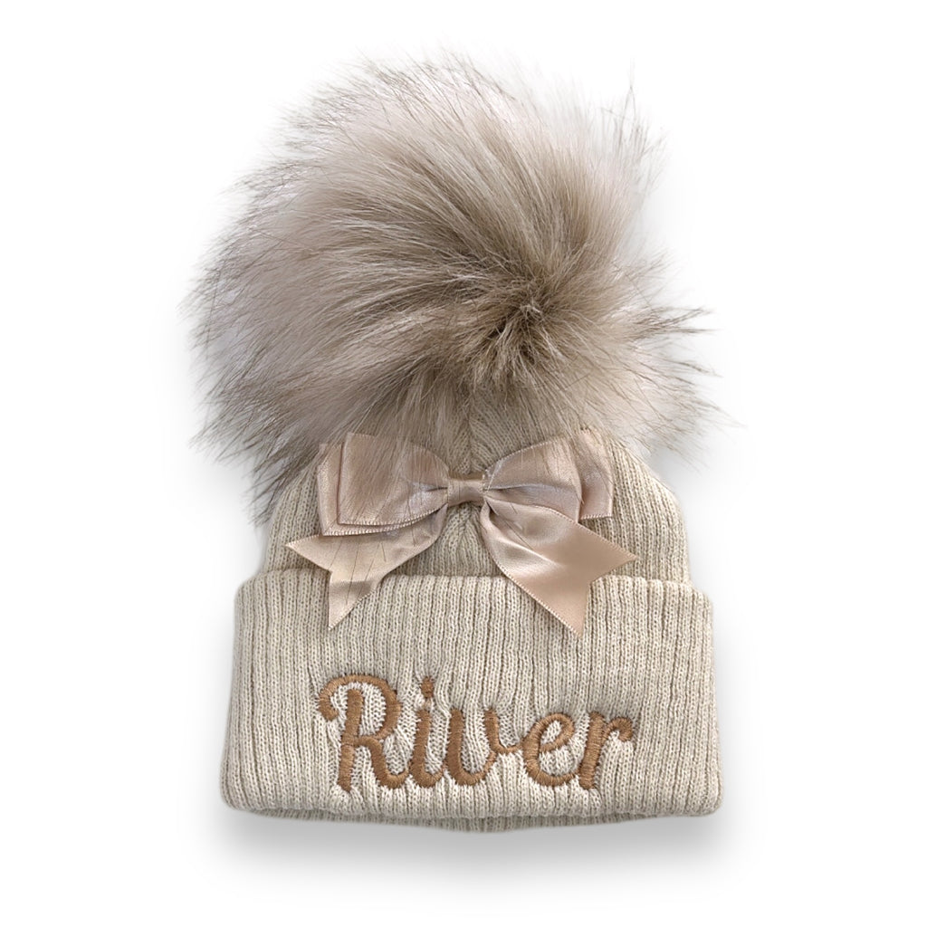 Ribbed Pom Hat with Satin Bow