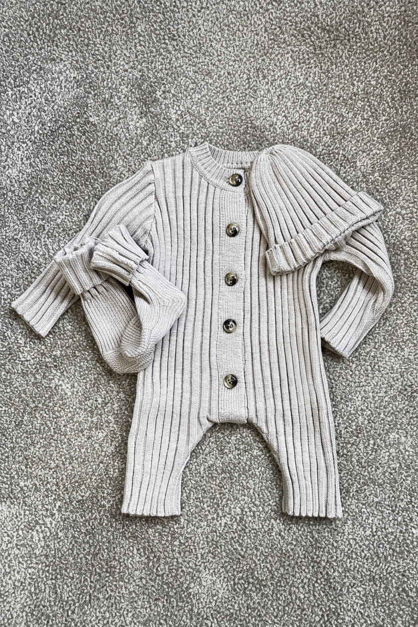 Ribbed Knit Romper Set with Hat & Booties