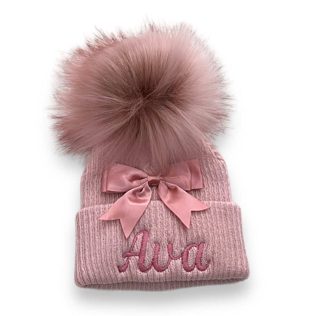 Ribbed Pom Hat with Satin Bow