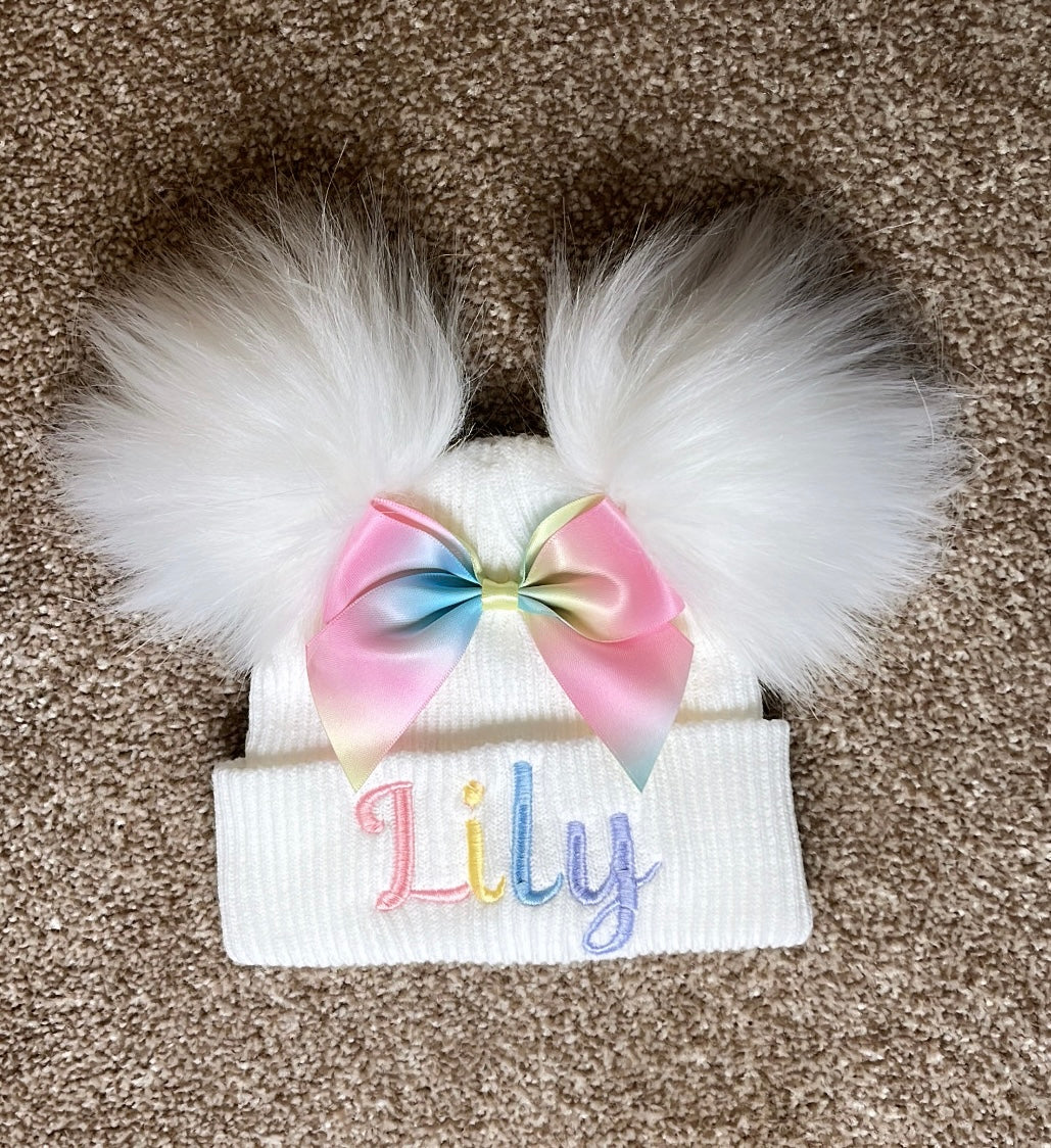 Pastel Rainbow Bow Double Pom Hat