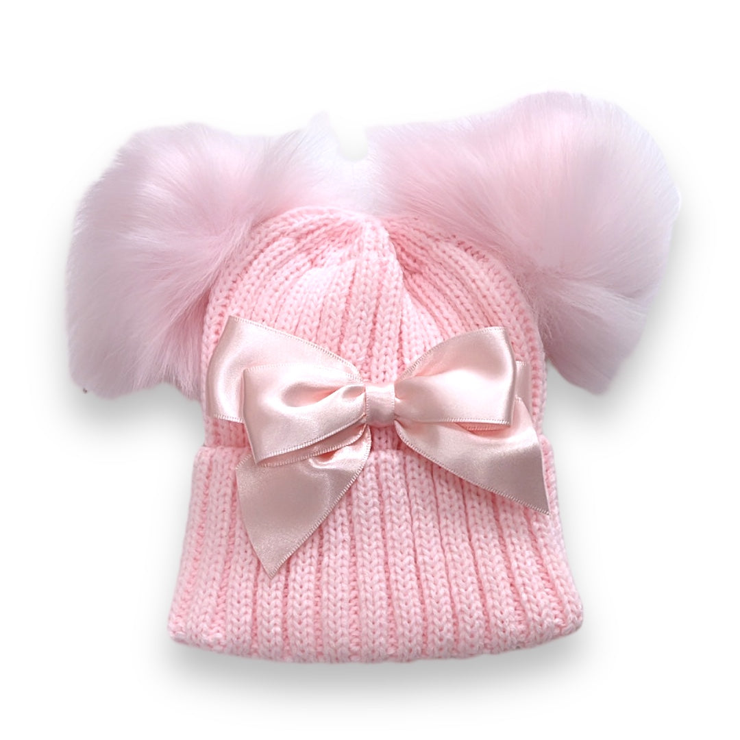 Satin Bow Double Pom Hat