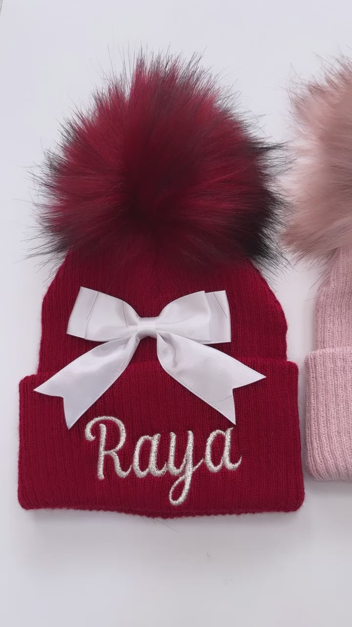 Ribbed Pom Hat with Satin Bow