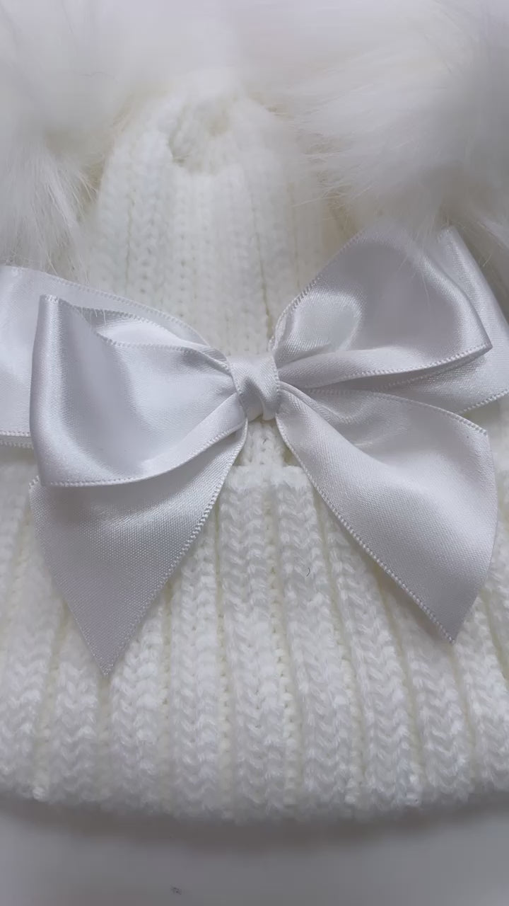 Satin Bow Double Pom Hat